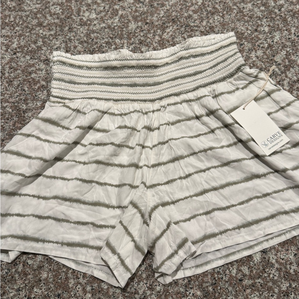 Carve Designs High Waist Striped Shorts in Olive and White